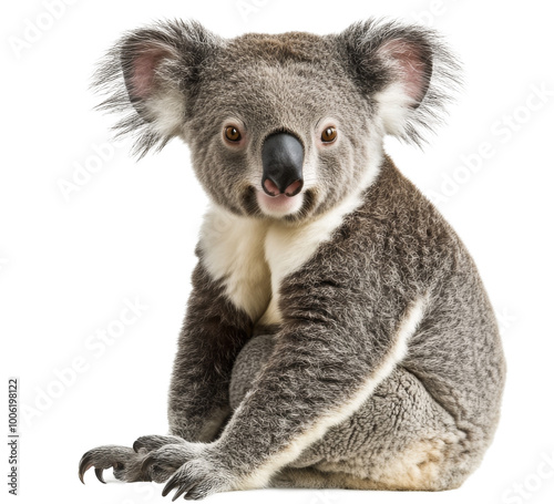 A cute koala sits calmly on a white background, showcasing its unique feature...