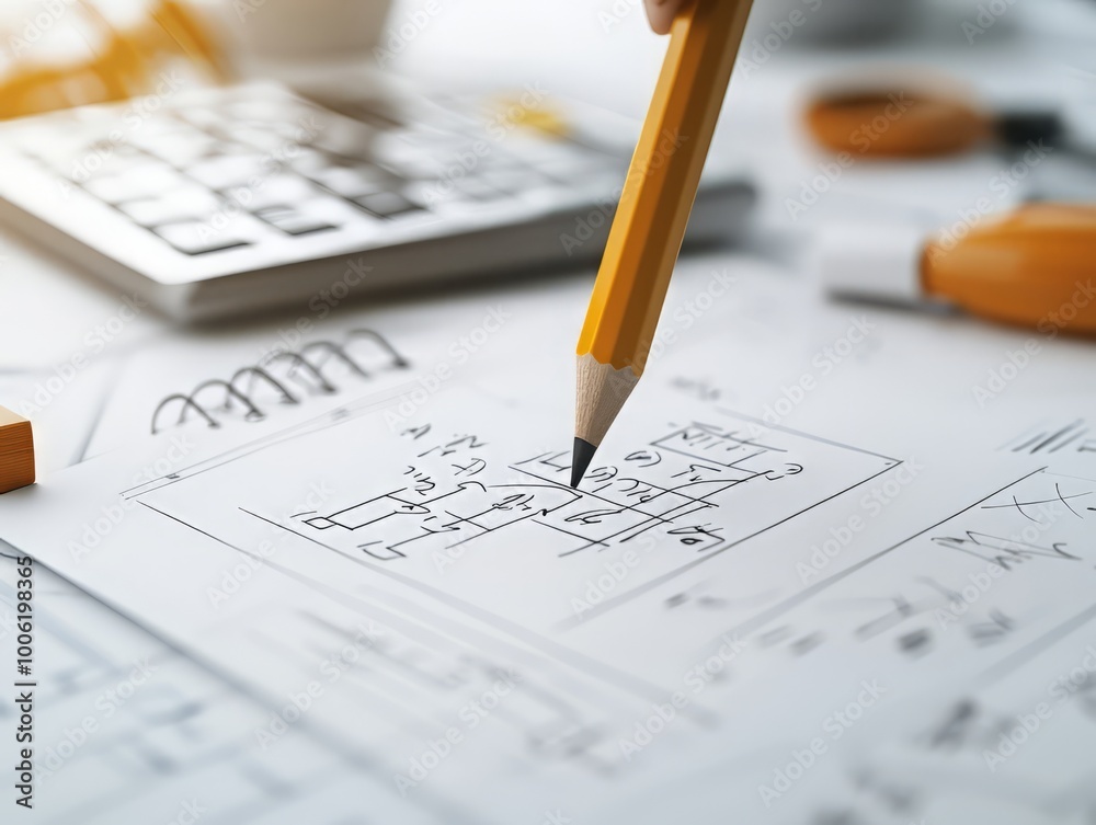 Close-up of a pencil drawing on a blue print with a calculator, emphasizing creativity and engineering design in an office setting. Close-up of a pencil drawing on a blue print with a calculator, emphasizing creativity and engineering design in an office setting.