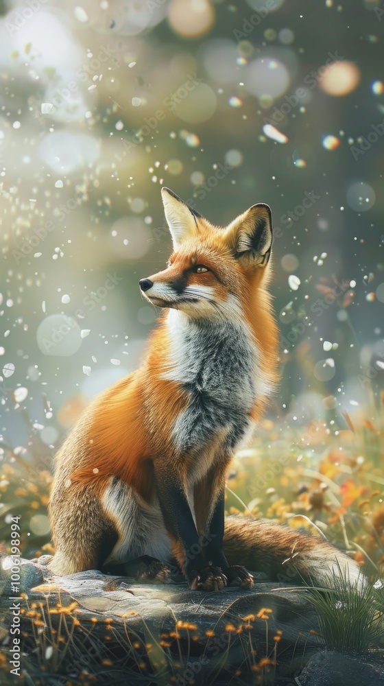 Obraz premium A fox is sitting on a rock in a field. The fox is looking to the right. The image has a peaceful and serene mood