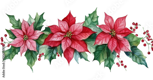 Festive holiday arrangement of red poinsettias and green foliage on a white b...