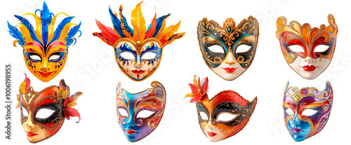 Carnival Face Mask Set Isolated on Transparent background, venetian Masks Collection Front View and 3/4 View photo