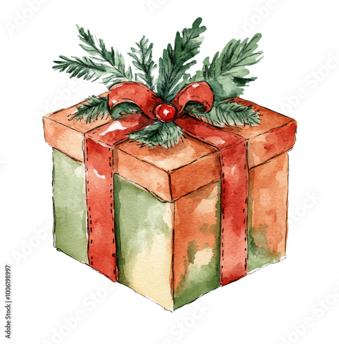 Festively wrapped gift box adorned with greenery and ribbon sits on a bright ...