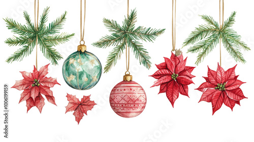 Festive holiday decorations featuring ornaments and greenery hanging on strings