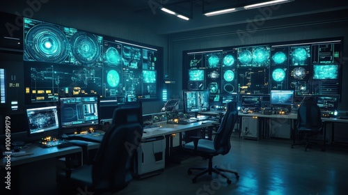 A futuristic mining control room filled with floating blue and green holograms, monitoring real-time operations