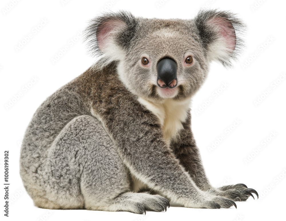 A cute koala sits calmly on a white background, showcasing its unique features and texture A cute koala sits calmly on a white background, showcasing its unique features and texture