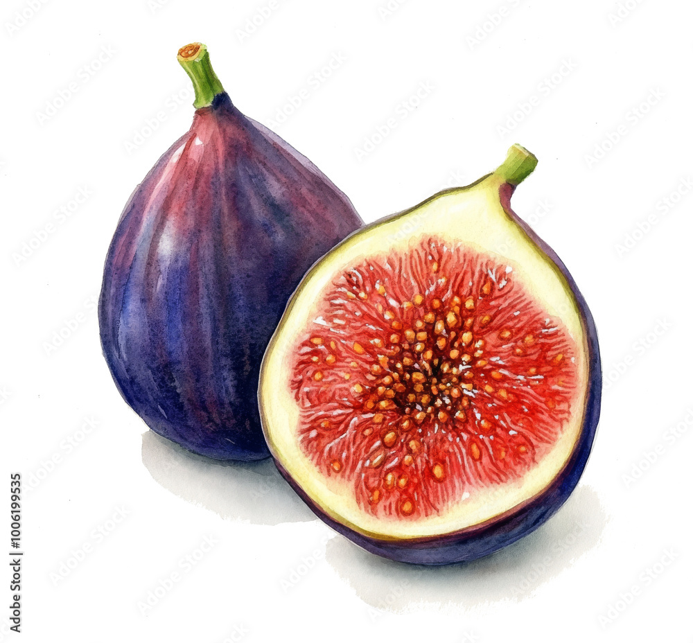 Fresh figs cut in half revealing their juicy interior on a clean background Fresh figs cut in half revealing their juicy interior on a clean background