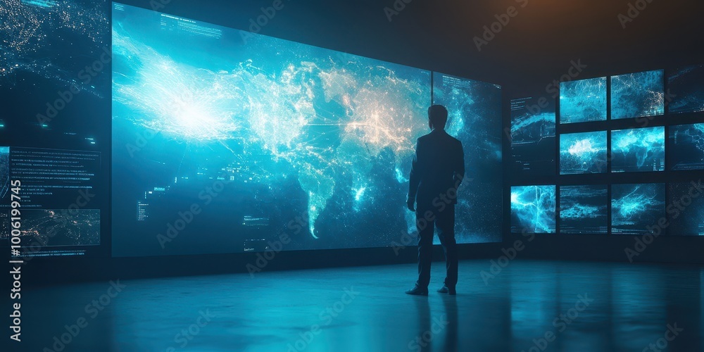 A silhouetted figure stands before glowing screens displaying a global map and data visualization in a futuristic environment. A silhouetted figure stands before glowing screens displaying a global map and data visualization in a futuristic environment.