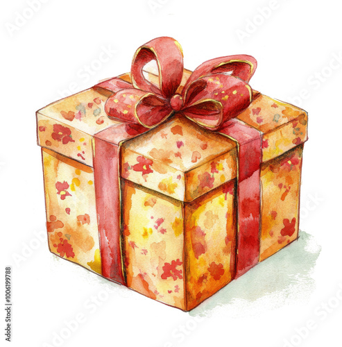 Festively wrapped gift box adorned with greenery and ribbon sits on a bright ...