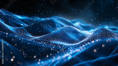 Digital Wave of Glowing Blue and Green Lines on a Black Background, Symbolizing the Flow and Movement Between Data Points in an AI System, with Depth and Complexity