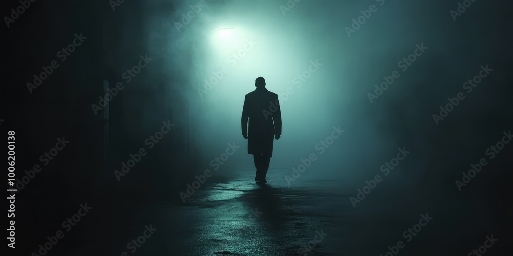 A solitary figure walks through a foggy alley, illuminated by a mysterious light, creating an eerie atmosphere. A solitary figure walks through a foggy alley, illuminated by a mysterious light, creating an eerie atmosphere.