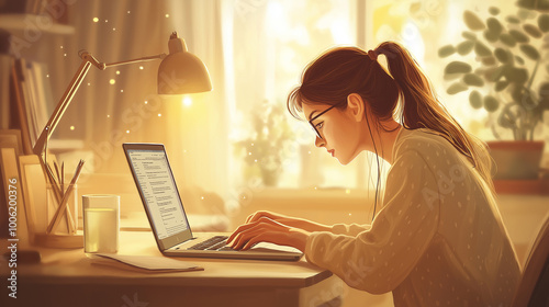 Illustration of a girl sitting at a table and working on a laptop. Remote work and remote education concept.