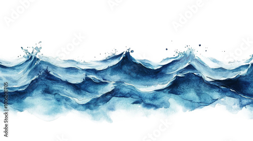 A serene watercolor depiction of ocean waves crashing softly against each oth...