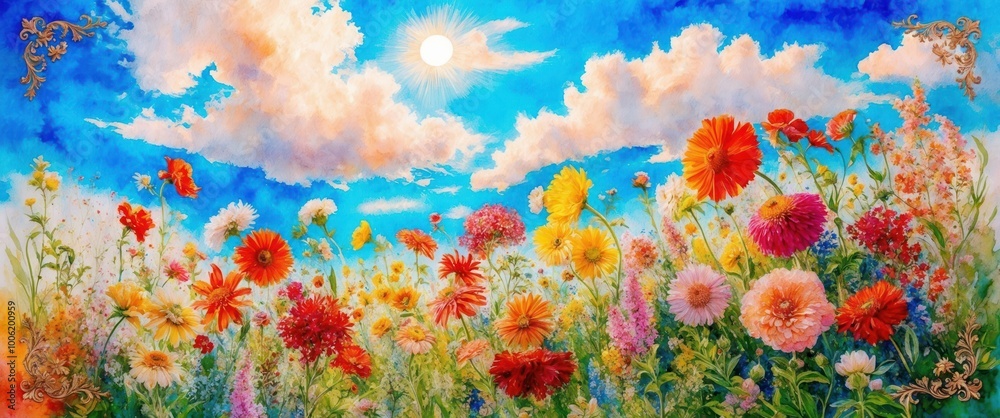 Fototapeta premium Vibrant flower field under a sunny sky with fluffy clouds, showcasing colorful blooms and lush greenery, evoking feelings of joy and natural beauty