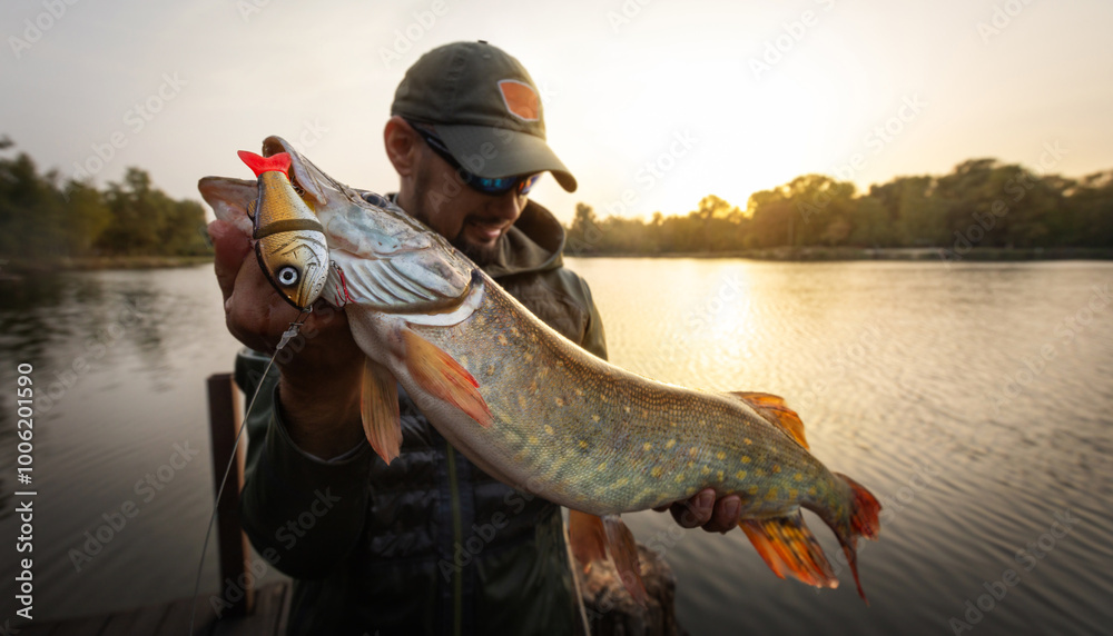 Fisherman and trophy Pike. Fishing background. Fisherman and trophy Pike. Fishing background.