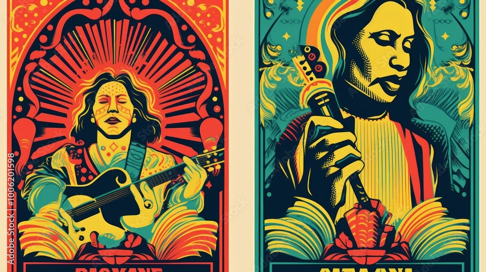 Obraz premium Colorful illustrations of musicians with artistic flair.