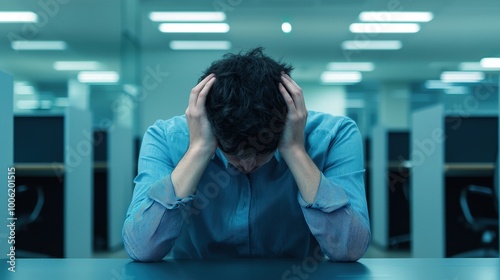 Stressed businessman sitting with head in hands at office desk, feeling overwhelmed in modern workspace, corporate struggle concept.