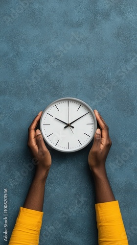 Close-up of hands holding a wall clock against a textured blue background. Concept of time management and punctuality.