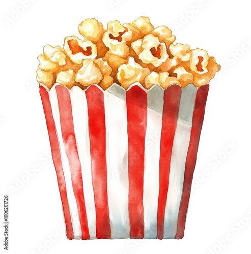 A colorful striped popcorn bucket filled with fluffy popcorn against a transp...