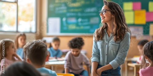 A teacher engages with students in a bright classroom, fostering an inspiring learning environment.