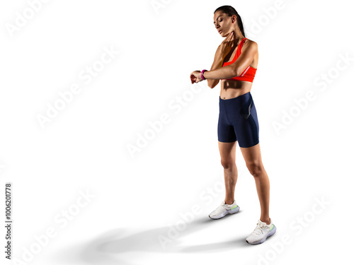 Fototapeta Naklejka Na Ścianę i Meble -  Beautiful woman, fitness and runner checking watch for monitoring exercise, workout or sports track time.	 Sports transparent background. 