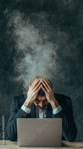 Frustrated man sitting at desk with laptop showing signs of stress, steam coming out of head representing burnout and mental overload.