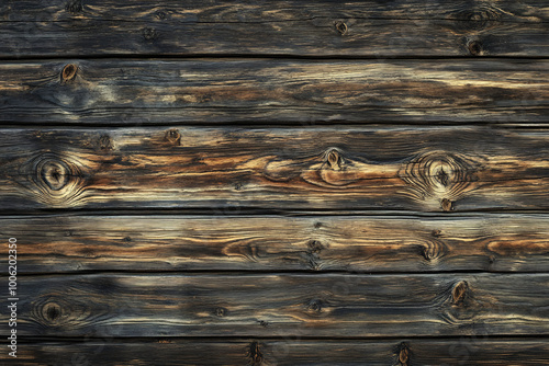 Weathered wooden plank wall showing grain and natural imperfections, displaying a rustic and aged texture with knots and deep lines
 photo