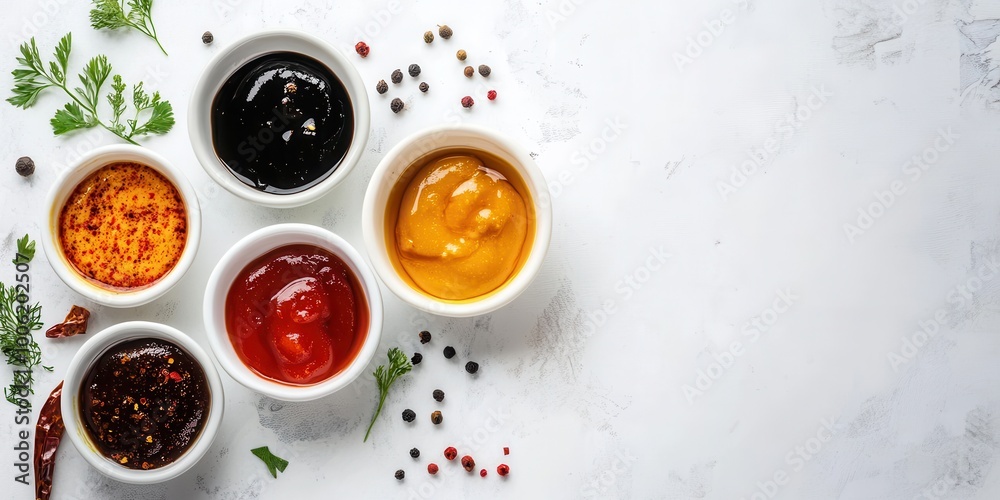 A vibrant arrangement of various sauces in small bowls, surrounded by spices and herbs on a light textured background. A vibrant arrangement of various sauces in small bowls, surrounded by spices and herbs on a light textured background.