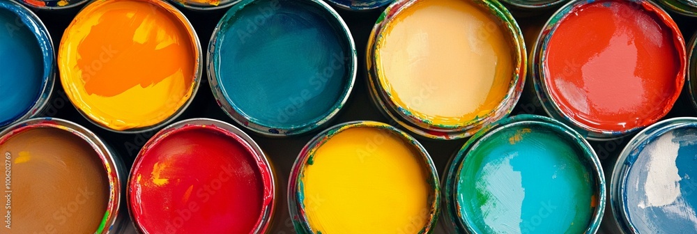 Vibrant array of open paint cans showcasing a spectrum of bold colors from rich reds to deep blues, creating a visually striking palette for artistic inspiration. Vibrant array of open paint cans showcasing a spectrum of bold colors from rich reds to deep blues, creating a visually striking palette for artistic inspiration.