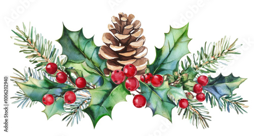 Festive botanical elements including holly, pine, and pinecone ideal for Chri...