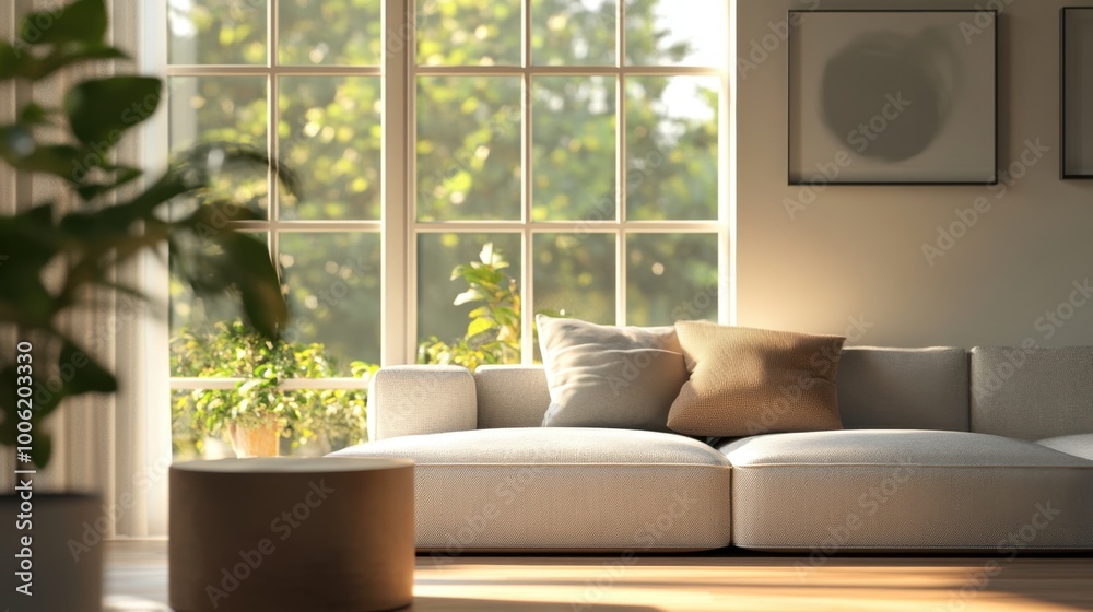 Fototapeta premium A stylish home living room interior with a modern sofa and large window, soft natural light, minimalist decor, ideal for interior design, home decor, and cozy living space themes.