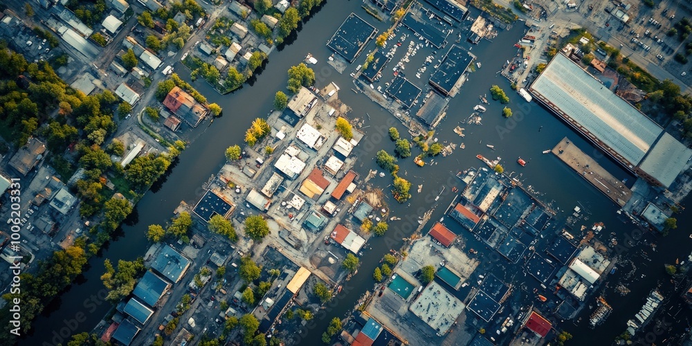 Aerial View of Flooded City Streets and Submerged Houses Aerial View of Flooded City Streets and Submerged Houses