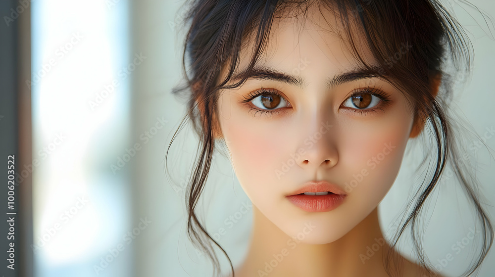 Close Up Portrait of Woman with Brown Eyes and Soft Makeup Close Up Portrait of Woman with Brown Eyes and Soft Makeup
