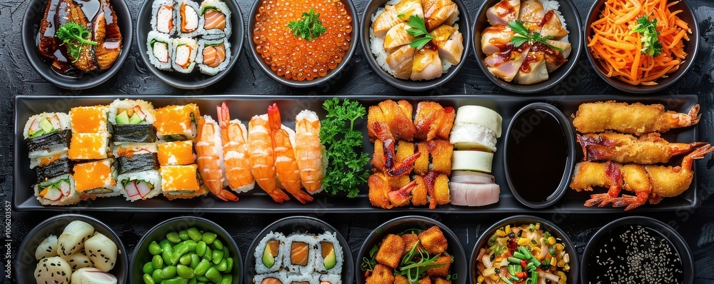 Assorted Japanese sushi and rolls served with side dishes, beautifully presented meal. Free copy space for banner.