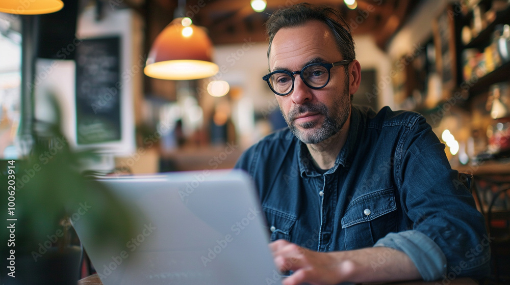 A man is sitting at a table with a laptop in front of him A man is sitting at a table with a laptop in front of him