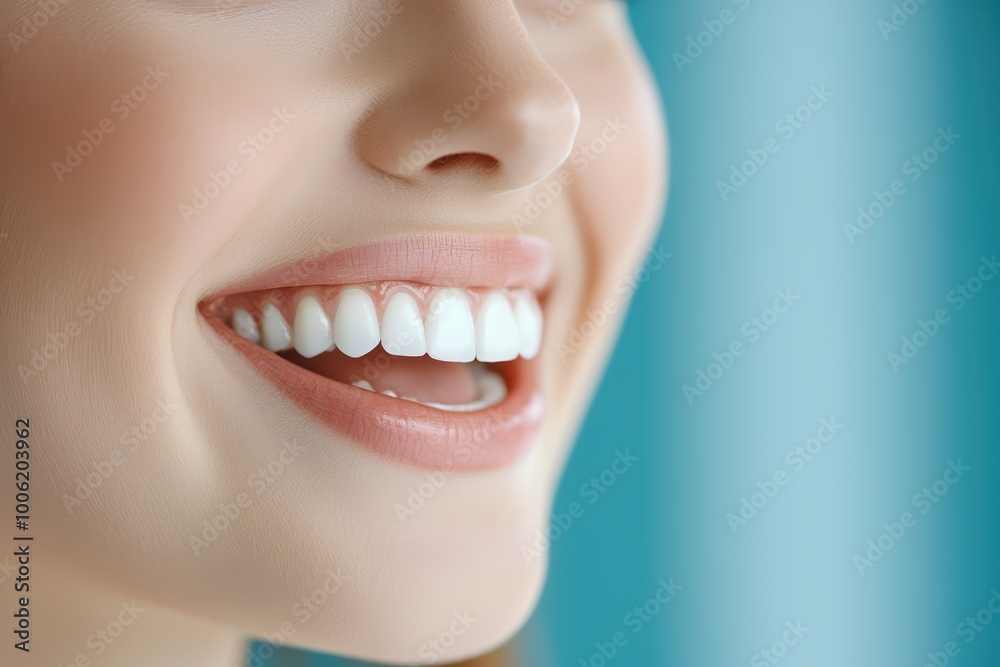 Close-up of a smiling woman showcasing healthy, white teeth against a blue background. Close-up of a smiling woman showcasing healthy, white teeth against a blue background.