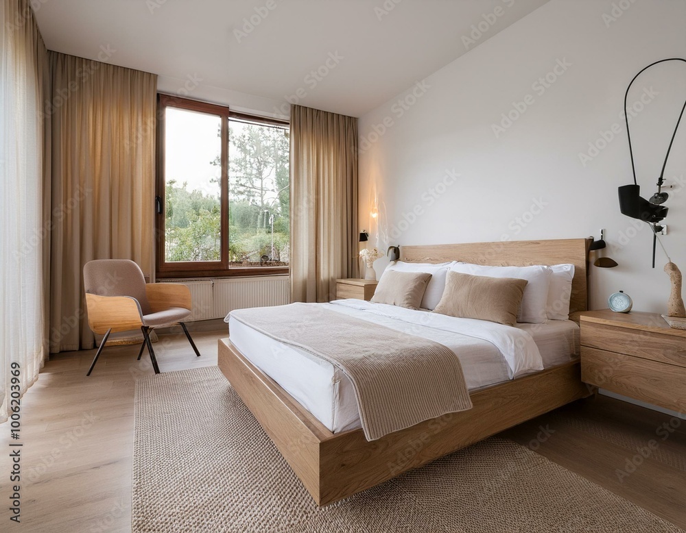 Fototapeta premium a modern bedroom ambiance, characterized by oak and white furniture, and unadorned walls