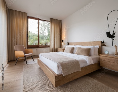 a modern bedroom ambiance, characterized by oak and white furniture, and unadorned walls