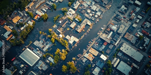 Aerial View of Flooded City Streets and Buildings After Heavy Rainfall