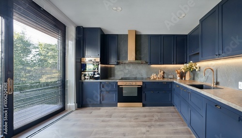 a modern kitchen featuring slate dull navy cabinets, complemented by neutral countertops and brass hardware, creating a harmonious blend of contemporary style and timeless elegance. photo