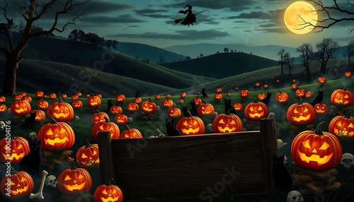 In this Halloween twist, the pumpkin patch is filled with jack-o'-lanterns that flicker mysteriously in the cool night air.  photo