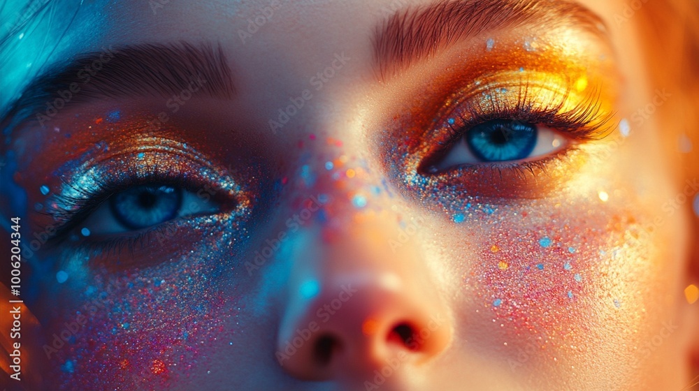 Vibrant close-up of mesmerizing blue eyes with dazzling gold and turquoise glitter makeup, creating a magical, otherworldly beauty look full of sparkle and wonder.