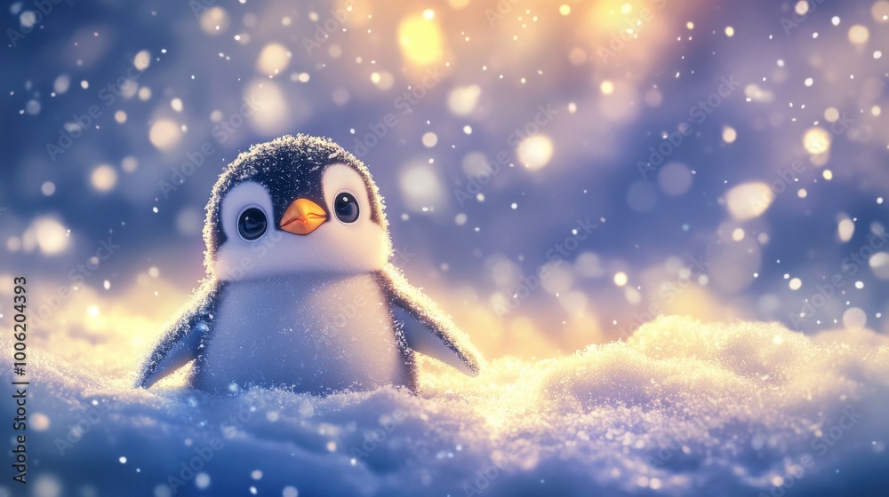 A penguin so cute it overflows with charm, standing in the snow, its playful, sweet nature making it the star of this winter scene. A penguin so cute it overflows with charm, standing in the snow, its playful, sweet nature making it the star of this winter scene.