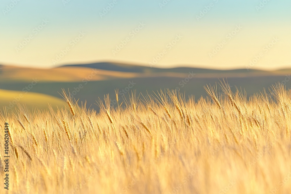 A detailed close-up panoramic view of golden wheat fields gently swaying in the breeze under a clear azure sky during a vibrant sunset. Warm sunlight casts a golden glow over the landscape. A detailed close-up panoramic view of golden wheat fields gently swaying in the breeze under a clear azure sky during a vibrant sunset. Warm sunlight casts a golden glow over the landscape.