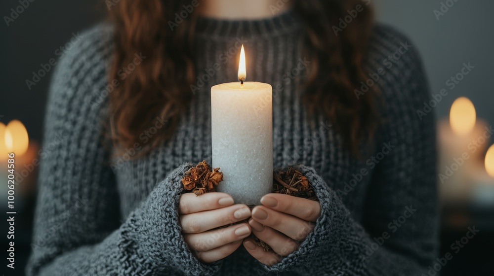 A person in a knitted gray sweater holds a lit white candle, creating a warm and cozy ambiance. The soft focus and muted colors evoke a sense of comfort and tranquility, perfect for relaxation. A person in a knitted gray sweater holds a lit white candle, creating a warm and cozy ambiance. The soft focus and muted colors evoke a sense of comfort and tranquility, perfect for relaxation.