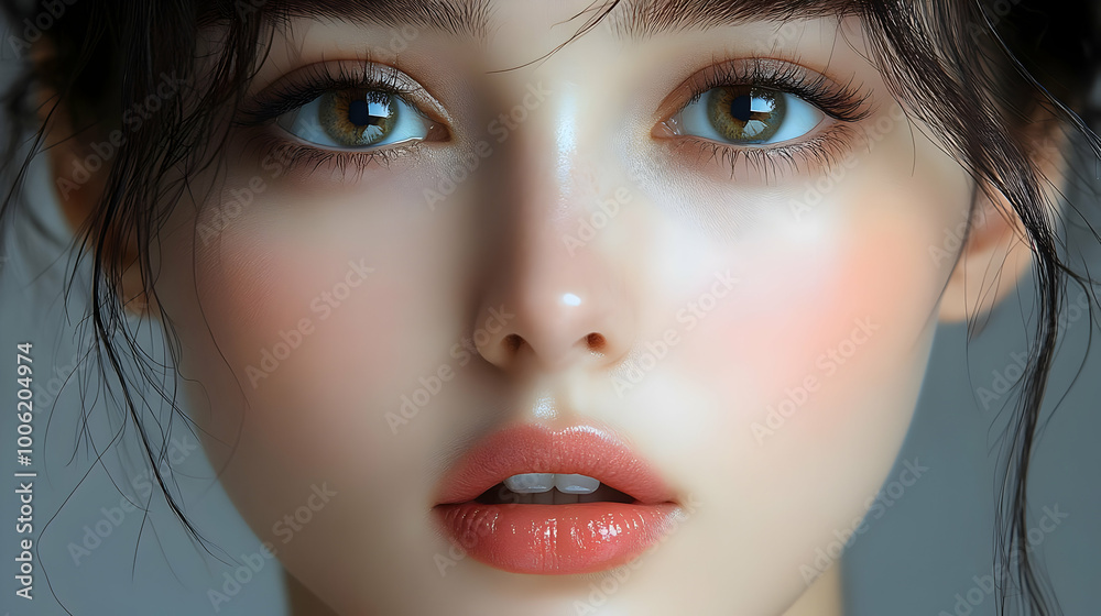 Close-Up Portrait of a Woman's Face with Delicate Features and Soft Lighting Close-Up Portrait of a Woman's Face with Delicate Features and Soft Lighting