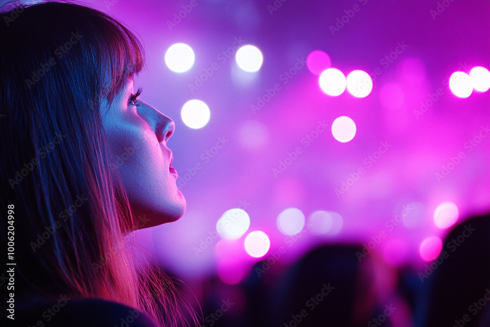 Girl at concert. Lots of purple and blue light. Crowd of people in front of the girl