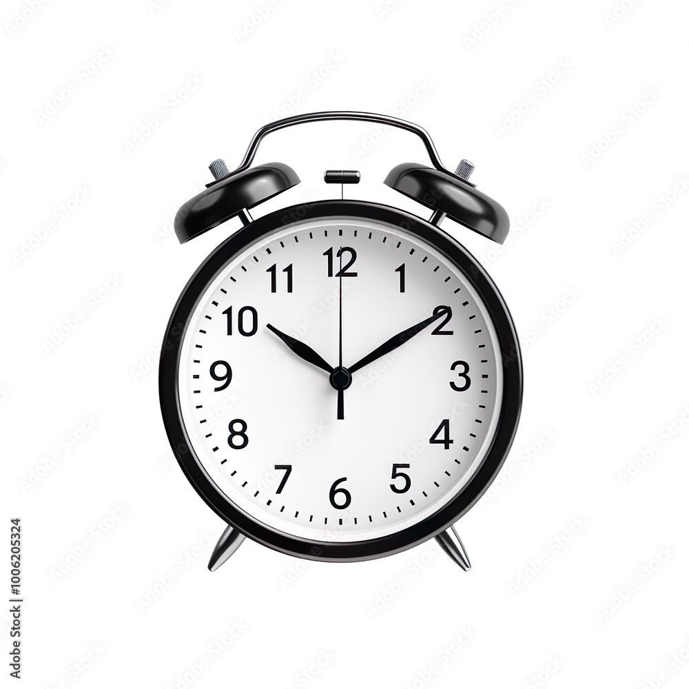 Analog alarm clock with round black design isolated on transparent background Analog alarm clock with round black design isolated on transparent background