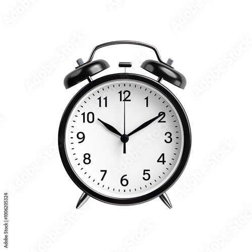 Analog alarm clock with round black design isolated on transparent background