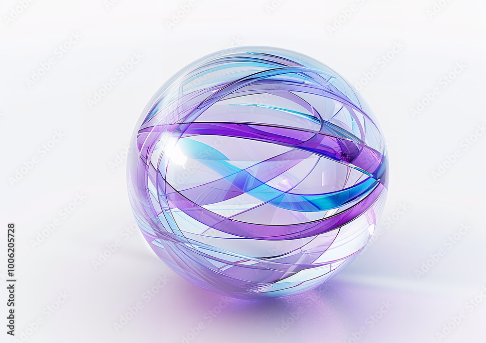 Abstract futuristic glass sphere with lines and ribbons on white background, 3d rendering illustration, white blue purple pastel color theme, isolated щт white background Abstract futuristic glass sphere with lines and ribbons on white background, 3d rendering illustration, white blue purple pastel color theme, isolated щт white background