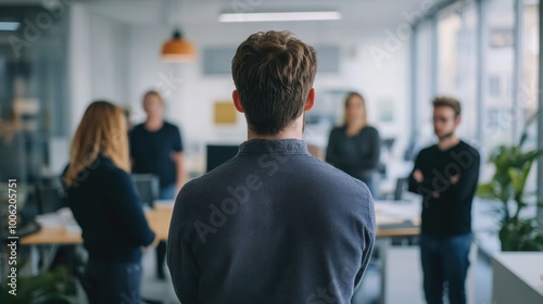 a teamleader with viewed from behind standing in a office space facing his team of four people who are looking at him and slightly out of focus